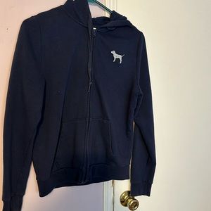 VS PINK Size MEDIUM Navy Blue with Big Silver Glitter Logo Full Zip Hoodie.